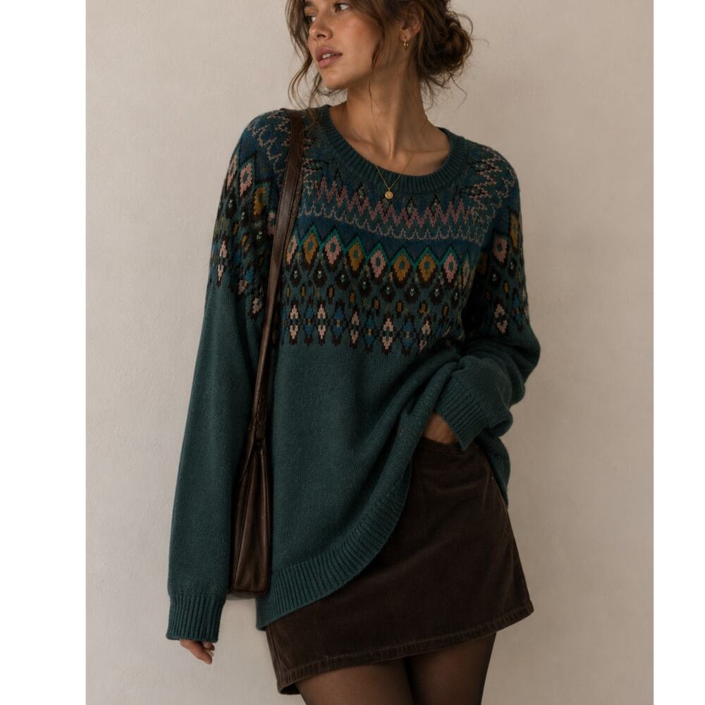 Logo Lori Goldstein Green Fair Isle Crew Neck Sweater Womens L Sequins Cozy